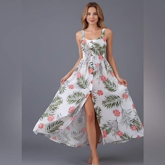 By Design Dresses & Skirts - Boho Tropical Print Button Up Cami Dress